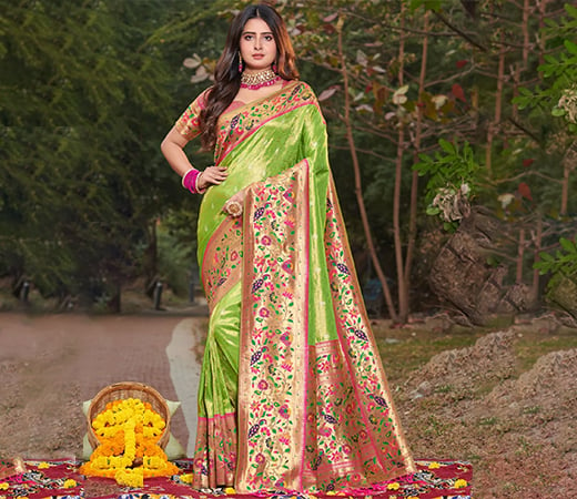 Parrot Green Paithani Silk Woven Zari Work Tassel Saree with Unstitched Blouse