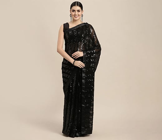 French Purple Paithani Saree with Unstitched BlouseDesigner Black Toned Striped Sequined Pure Georgette Saree with Unstitched Blouse