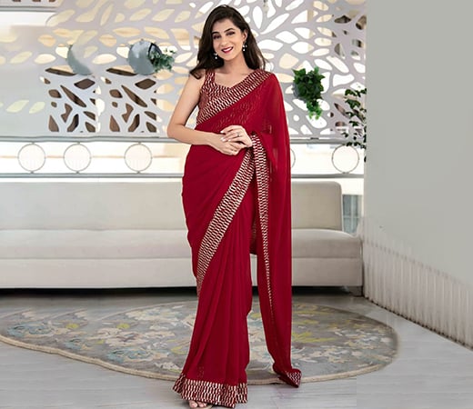 Red Georgette Sequin Saree With Unstitched Blouse