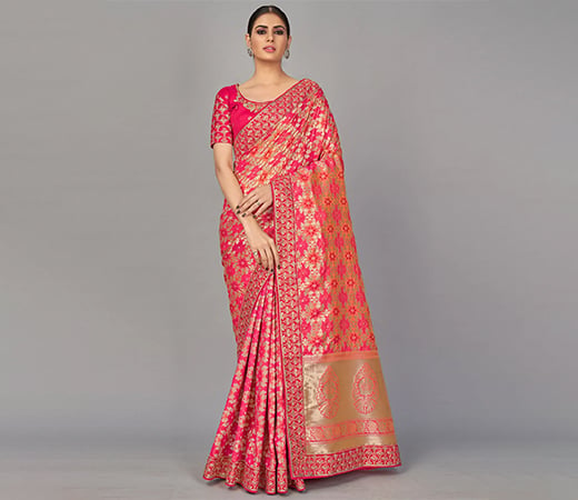 Pink Woven Banarasi Silk Designer Saree With Un-stitched Blouse
