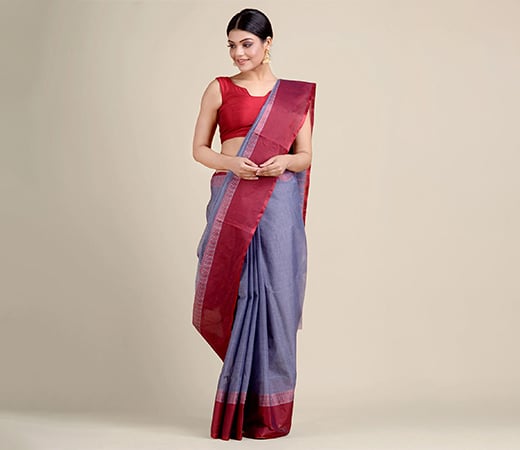 Steel Blue Handwoven Cotton Tant Saree Without Blouse