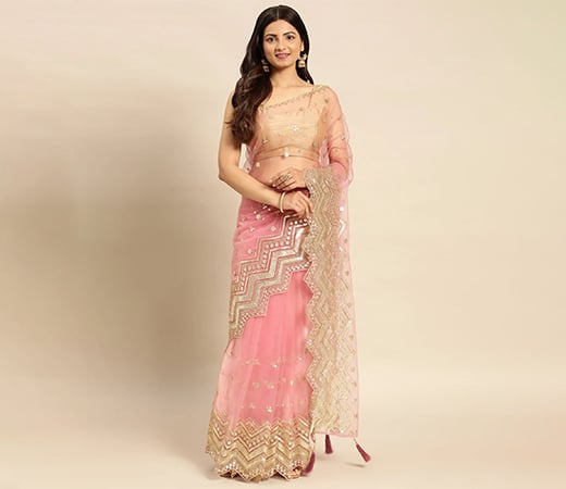 Pink Single Soft Net Saree With Unstitched Blouse With Heavy Sequence Work with Unstitched