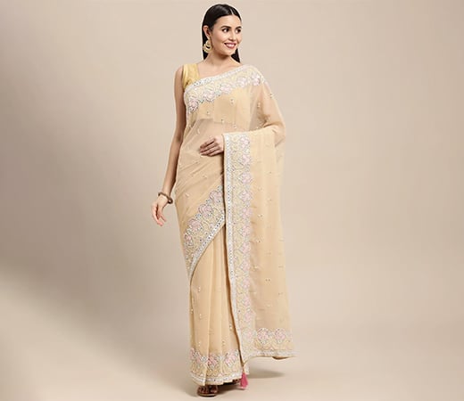 Cream Heavy Border Saree with Unstitched Blouse