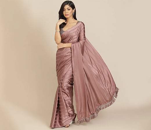 Magenta Striped Polyester Saree with Tassels with Unstitched Blouse