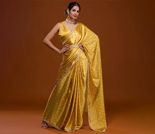 Yellow Bandhani Satin Saree with Unstitched Blouse