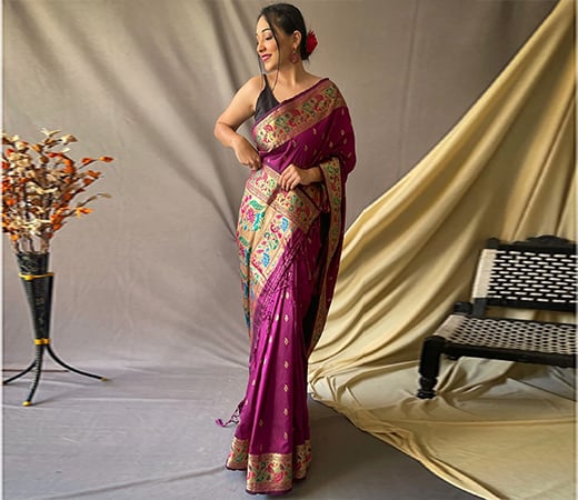 French Purple Paithani Saree with Unstitched Blouse