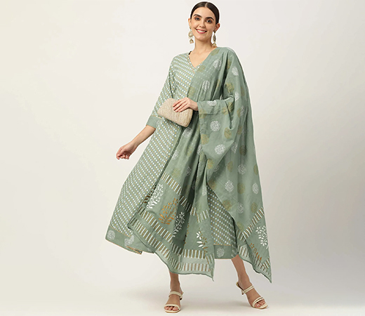 Maaesa Green Ethnic Motifs Print Cotton A-Line Kurta with Dupatta