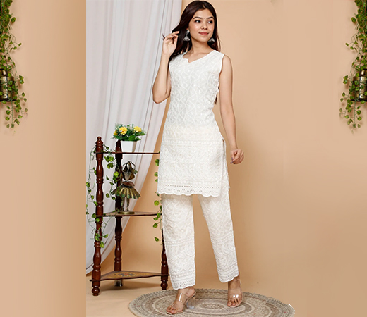 Miravan Beige Floral Embroidered Pure Cotton Sleeveless Kurta