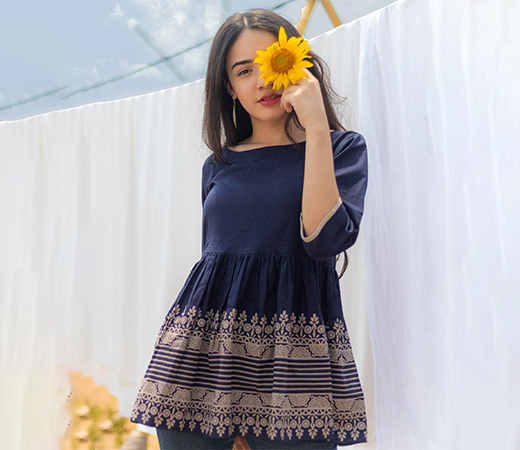 Rustorange Navy Blue Traditional Gather Top with Border Detail