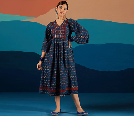 Likha By Nykaa Fashion Indigo Saga Hand Block Print And Mirror Work Dress