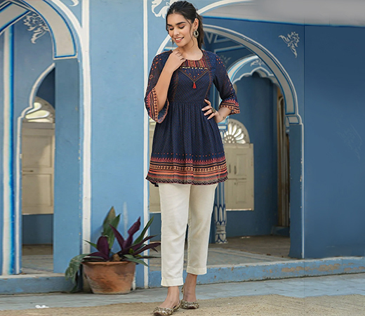 Juniper Indigo Georgette Festive Printed Flared Tunic