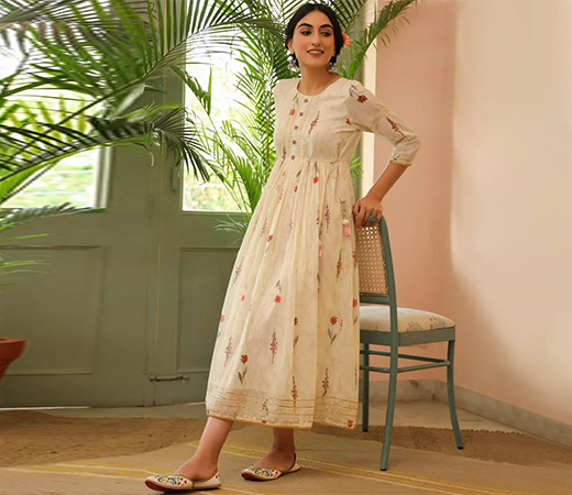 Scakhi Mul Cotton Printed Gota Anarkali With Dori Tie Up