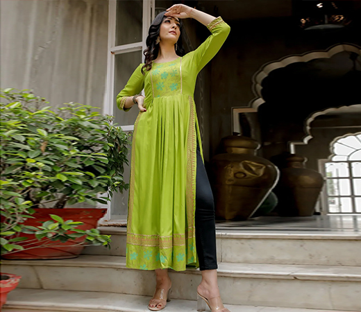 Indi Inside Parrot Green Floral Block Print Flared Kurta