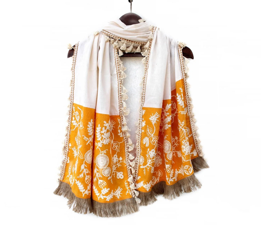 Mesmora Pure Khadi Off White & Yellow Makhi Panel Embroidered Stole