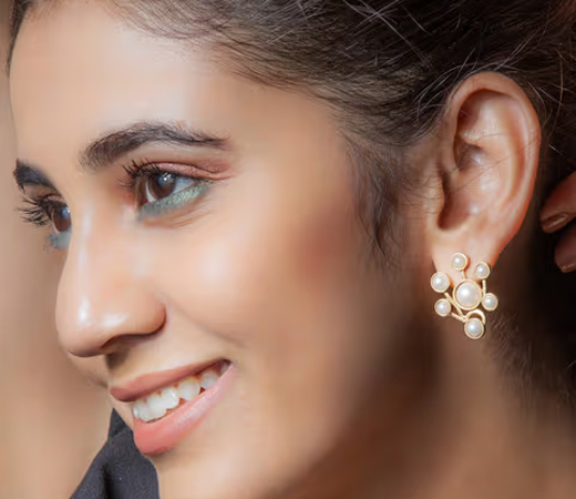 Gold Toned Pearl Cluster Earrings