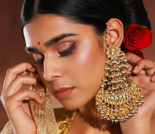 Chandelier Earrings With Pearl Detailing And Ear Chain