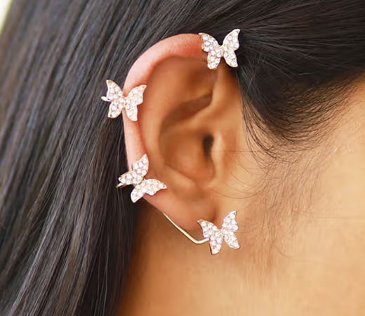 Butterfly Diamante Studded Metallic Gold Cuff Earring