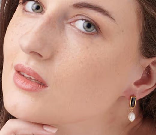 18k Gold Plated Black Stone Pearl Dangle Earrings for Women