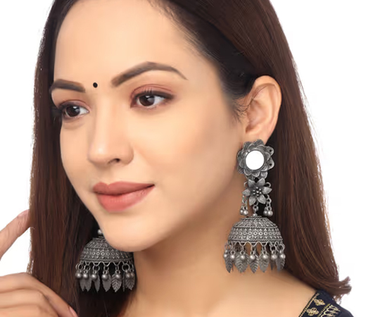 Silver-Toned Oxidised Mirror Work Contemporary Jhumkas Earrings