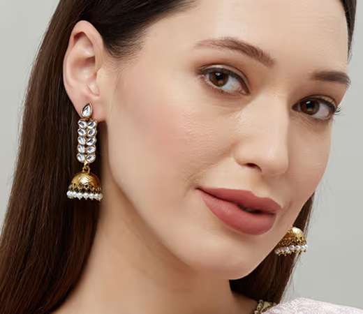 Ethnic Indian Traditional Gold Kundan Stone Jhumka Drop Earrings