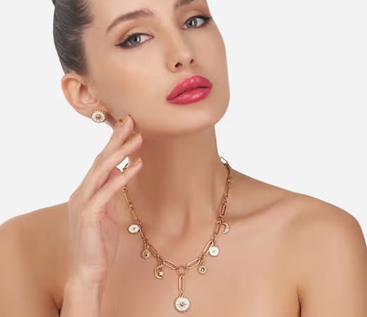 White Enamel Contemporary Charm Necklace Chain & Earring Set ZPFK12072