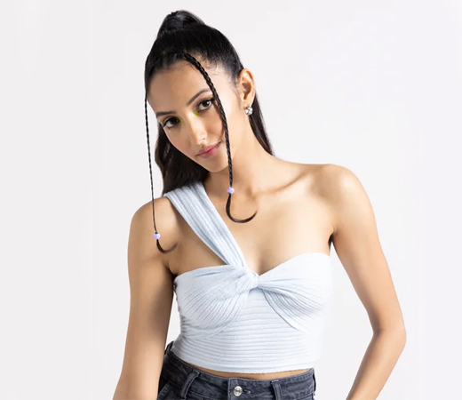 Blue Knotted One Shoulder Ribbed Crop Top