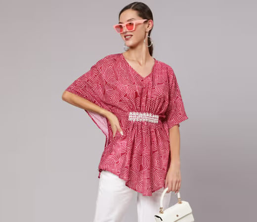 Red Embroidered Printed Kaftan Top with White Cotton Pants (Set of 2)
