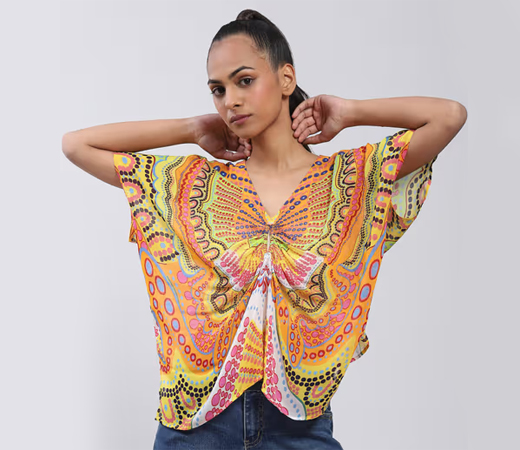 Printed Kaftan V Neck Short Top with Inner (Set of 2)