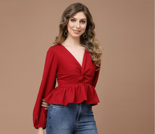 Red Front Knot Peplum Feminine Frills Top