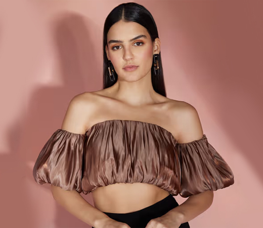Brown Off Shoulder Ruched Crop Top