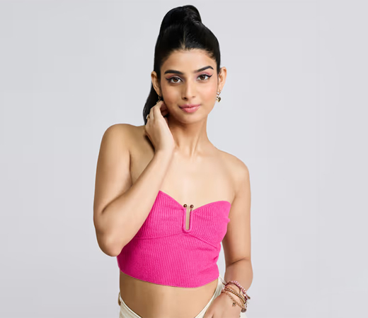 Pink Textured Strapless Sweetheart Neck Crop Top