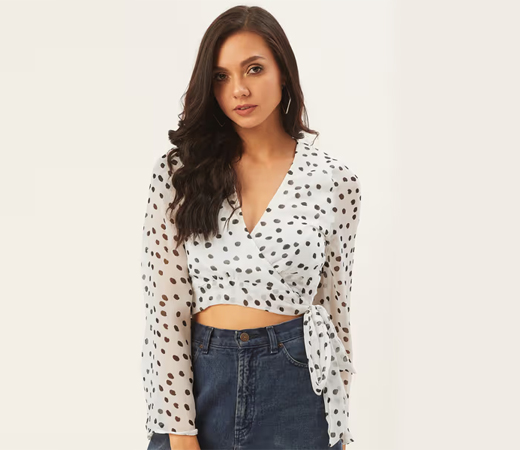 Women White & Black Printed Wrap Crop Top