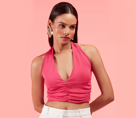 Fuchsia Pink Halter Sleeveless Crop Top