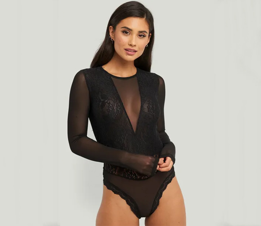 Lace Mesh Sleeve Body-Black