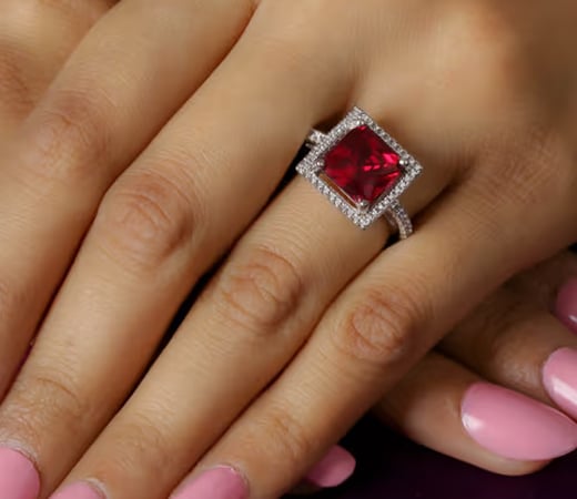 925 Sterling Silver Oval Red Ruby and American Diamond Princess Cut Ring for Women Girls