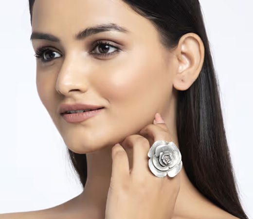 Floral Design Oxidised Silver Plated Handcrafted Antique Finger Ring