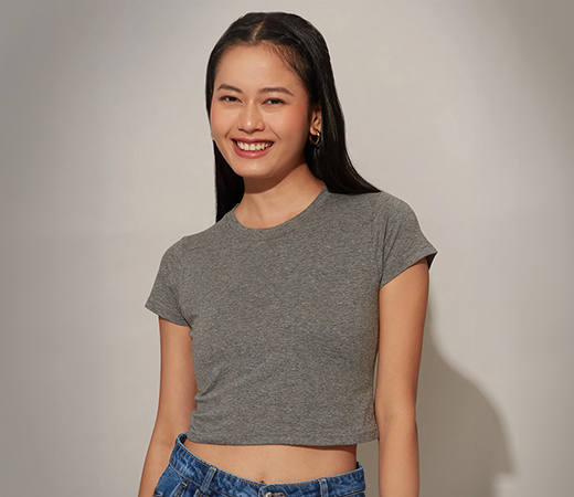 Basics Dark Grey Solid Round Neck Fitted Crop T-shirt