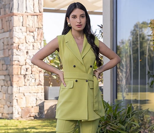 Olive Sleeveless Blazer With Belt (Set of 2)