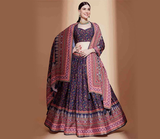Multicolor Chinon Semi Stitched Lehenga with Unstitched Blouse (Set of 3)