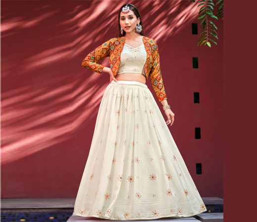 Beige Embroidered Semi-Stitched Lehenga & Unstitched Blouse and Jacket (Set of 3)