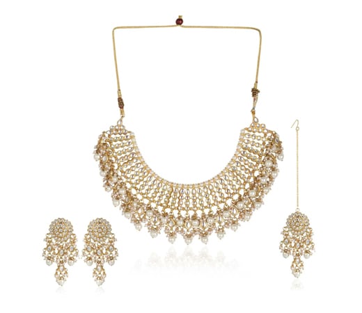 Gold Kundan Pearl Tassel Choker Necklace with Earring & Maangtikka (Set of 3)