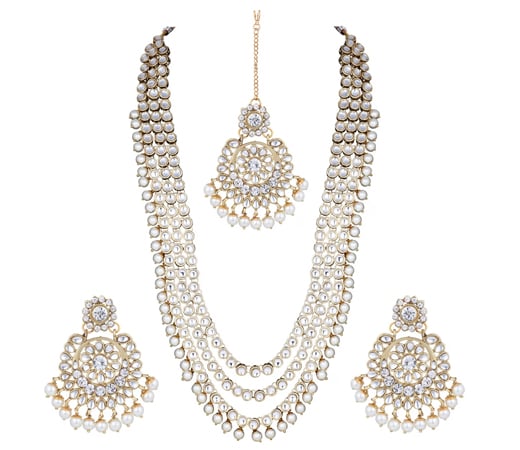 White Designer Pearl Long Necklace Set & Earring & Maang Tikka-PF25BRLS106W