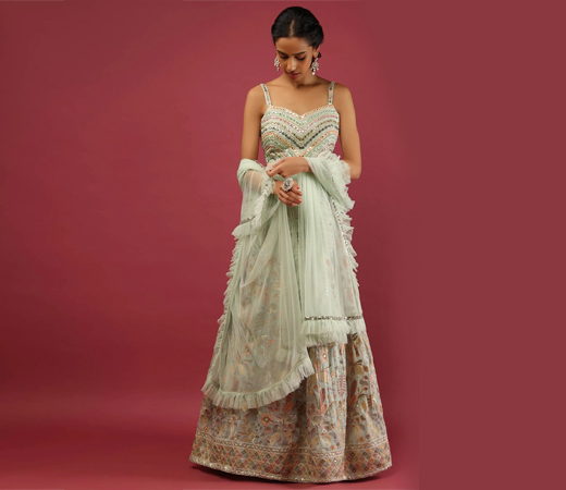 Mint Green Lehenga Choli With Colorful Resham Embroidery (Set of 3)