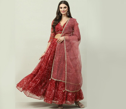 Red Printed Lehenga (Set of 3)