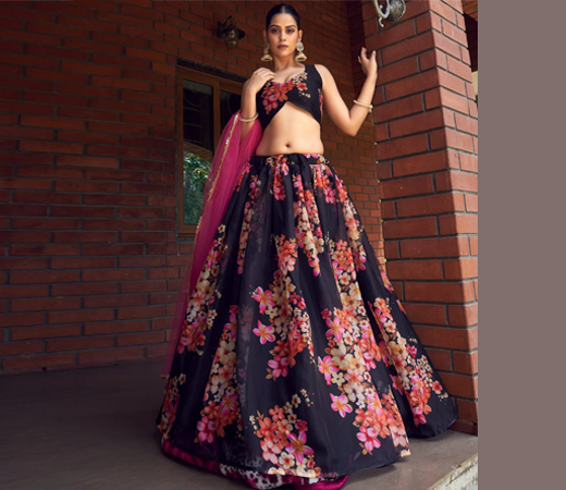 Black Floral Printed Semi-Stitched Lehenga Choli with Rani Pink Dupatta (Set of 3)