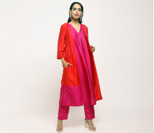 Red Pink Jacket Kurta - Set of 3