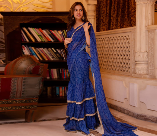 Pearl Blue Bhandhej Ready to Drape Saree With Stitched Blouse