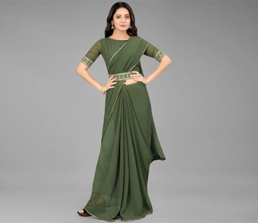 Women Bollywood Styled Ethnic Belt Saree Olive with Unstitched Blouse