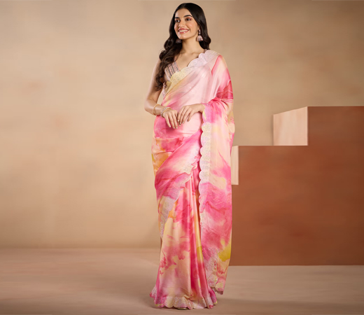 Rangeen Gypsy Fuchsia Water Colour Print Diamonte Chinon Saree