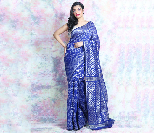 Blue Jamdani Saree With Allover Zari Weaving Without Blouse